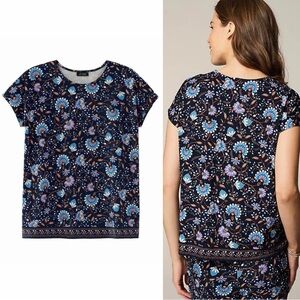 NEW JJill WearEver Navy Blue Dark Floral Top M We Easy Cap Sleeve Tee Spring